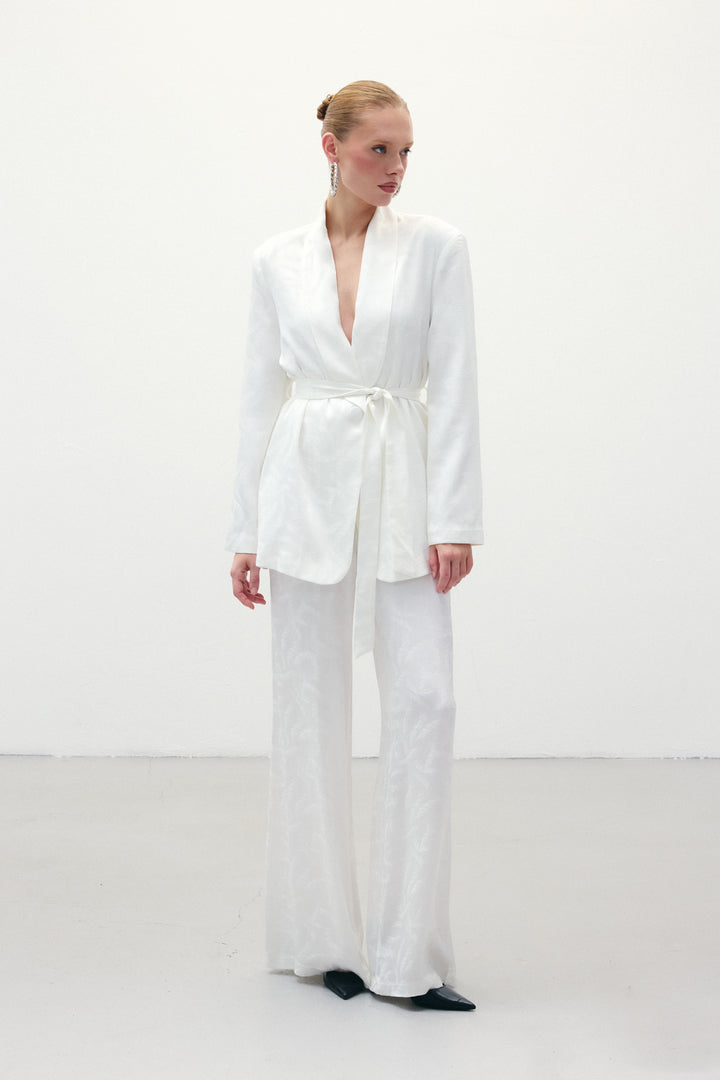 Sateen Pantalon en satin jacquard - Écru
