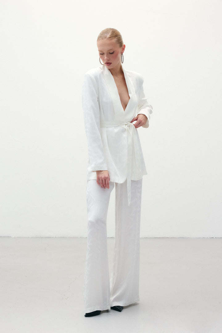 Sateen Pantalon en satin jacquard - Écru