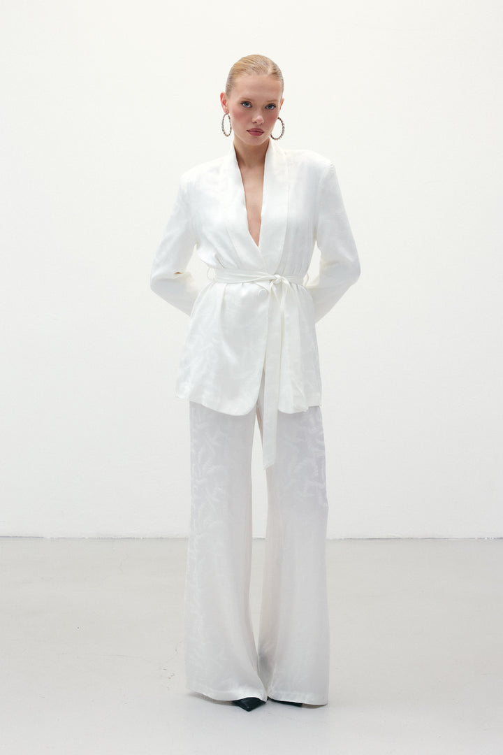 Sateen Pantalon en satin jacquard - Écru