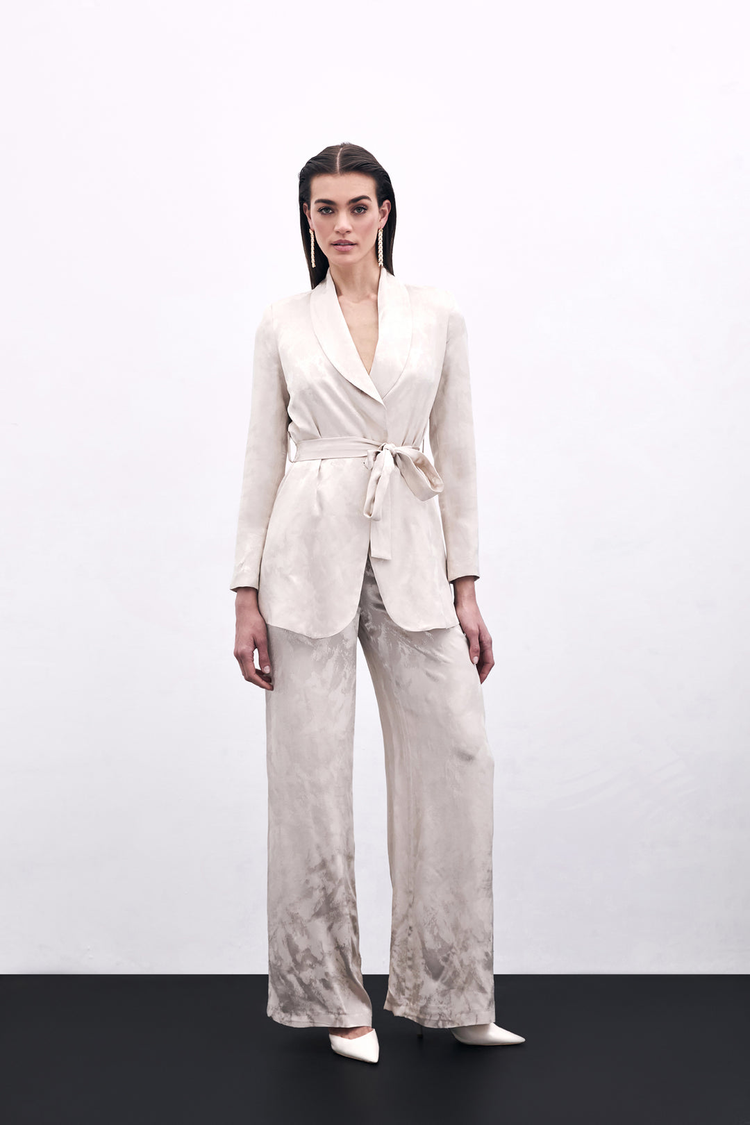 Sateen Pantalon Large Jacquard - Beige