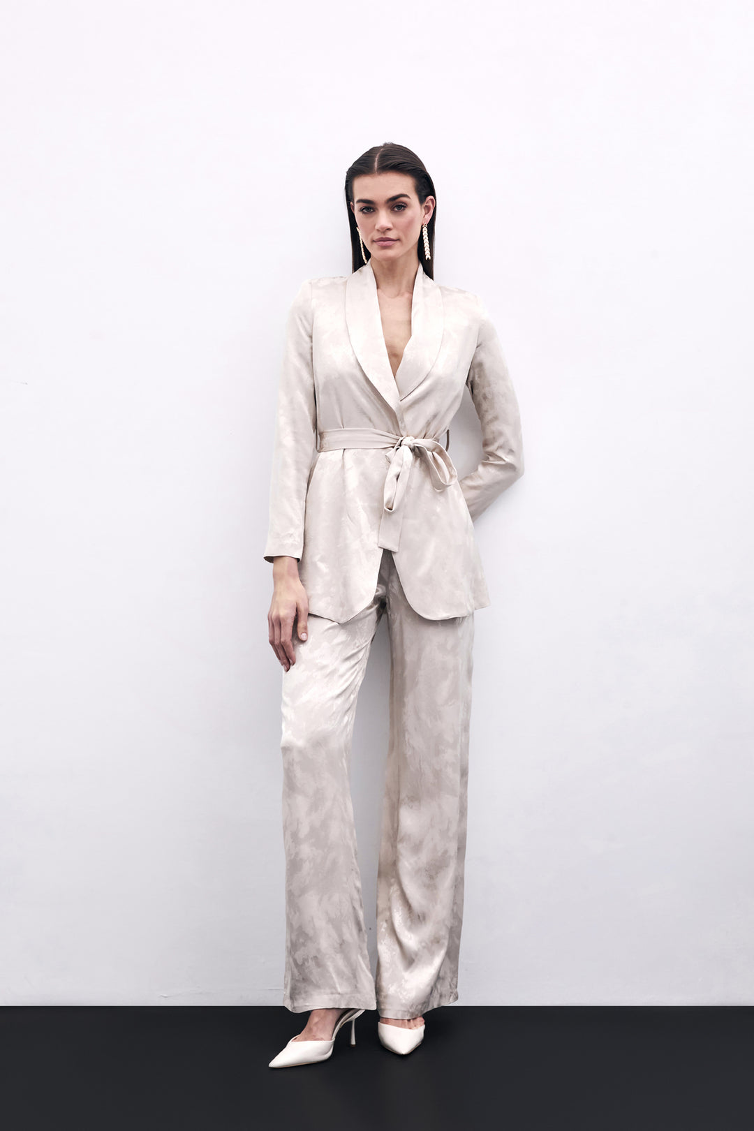 Sateen Pantalon Large Jacquard - Beige
