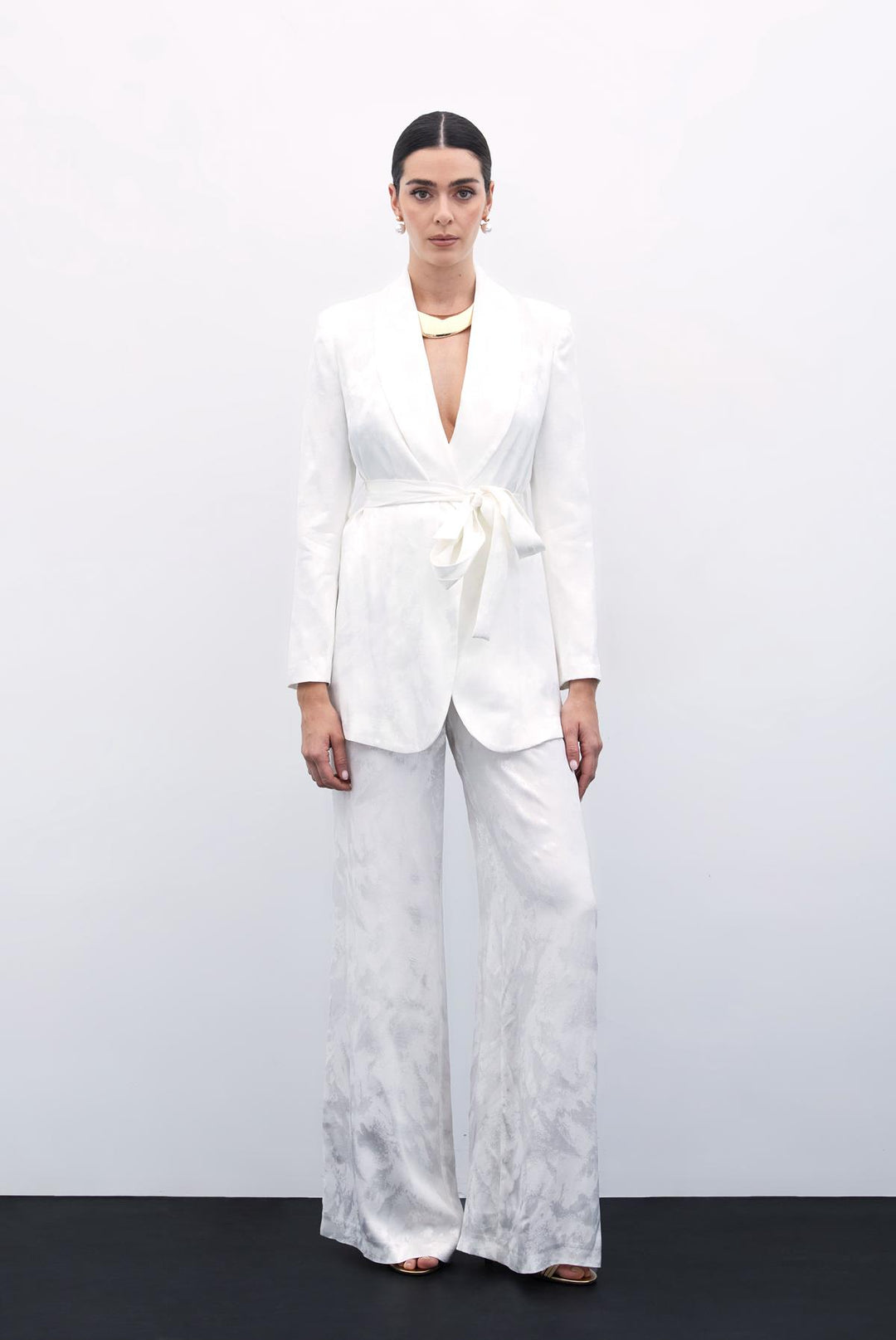 Sateen Pantalon Large Jacquard - Écru