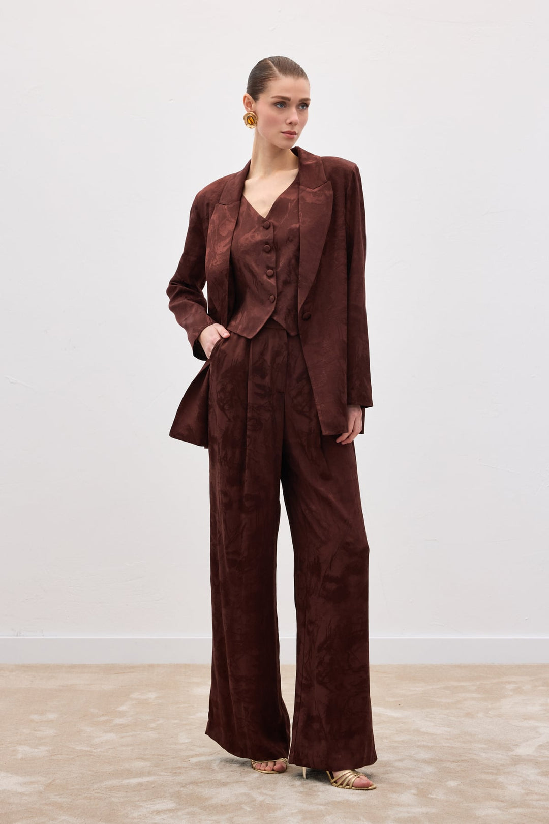Sateen Pantalon large jacquard - Marron