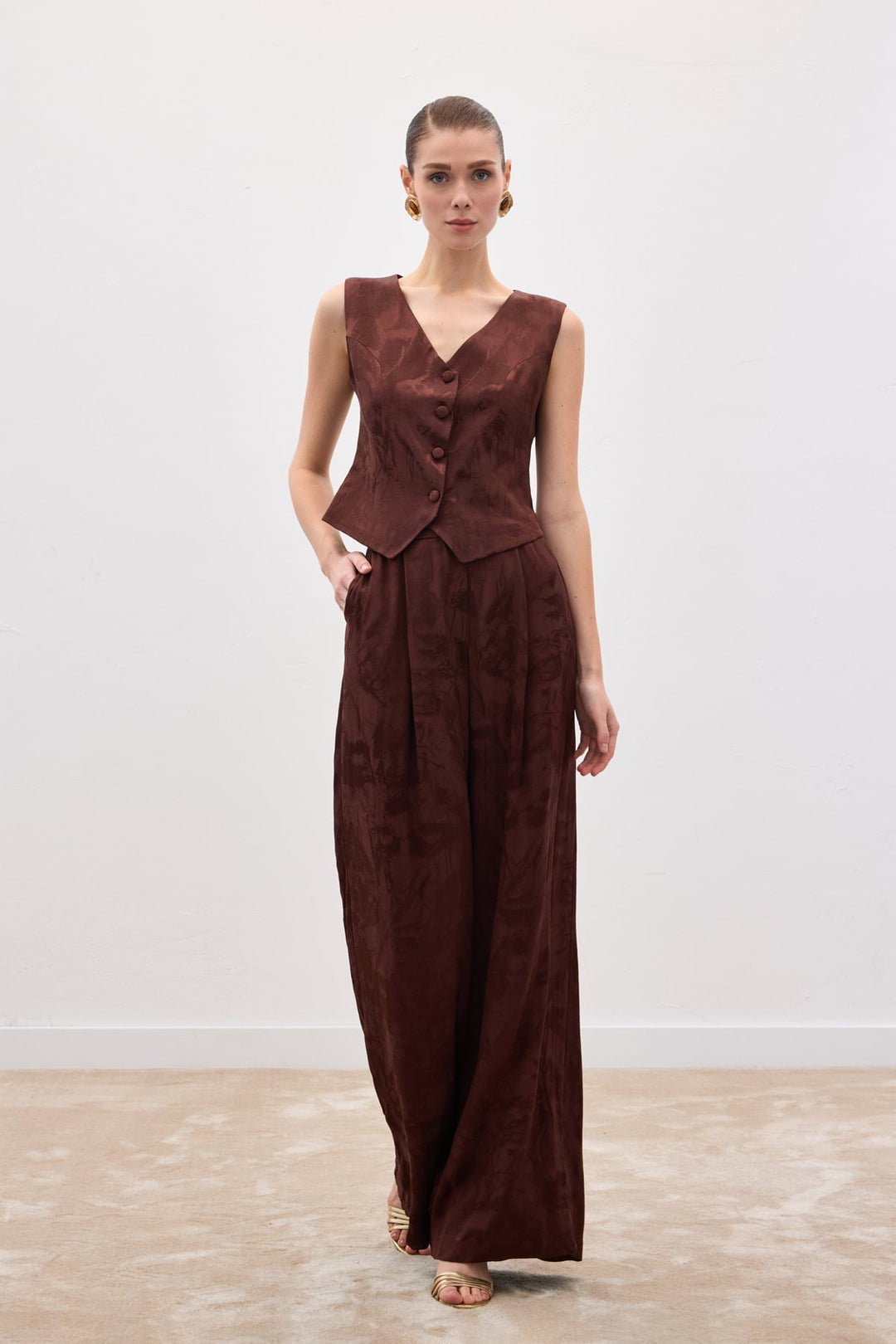 Sateen Pantalon large jacquard - Marron