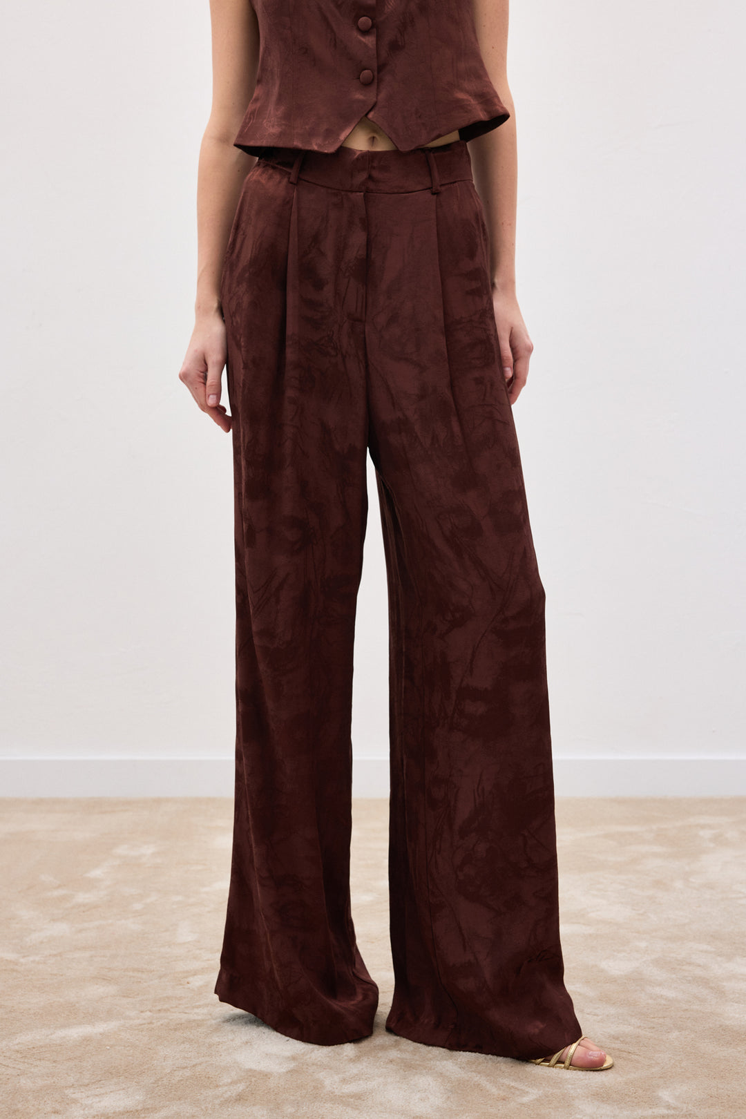 Sateen Pantalon large jacquard - Marron