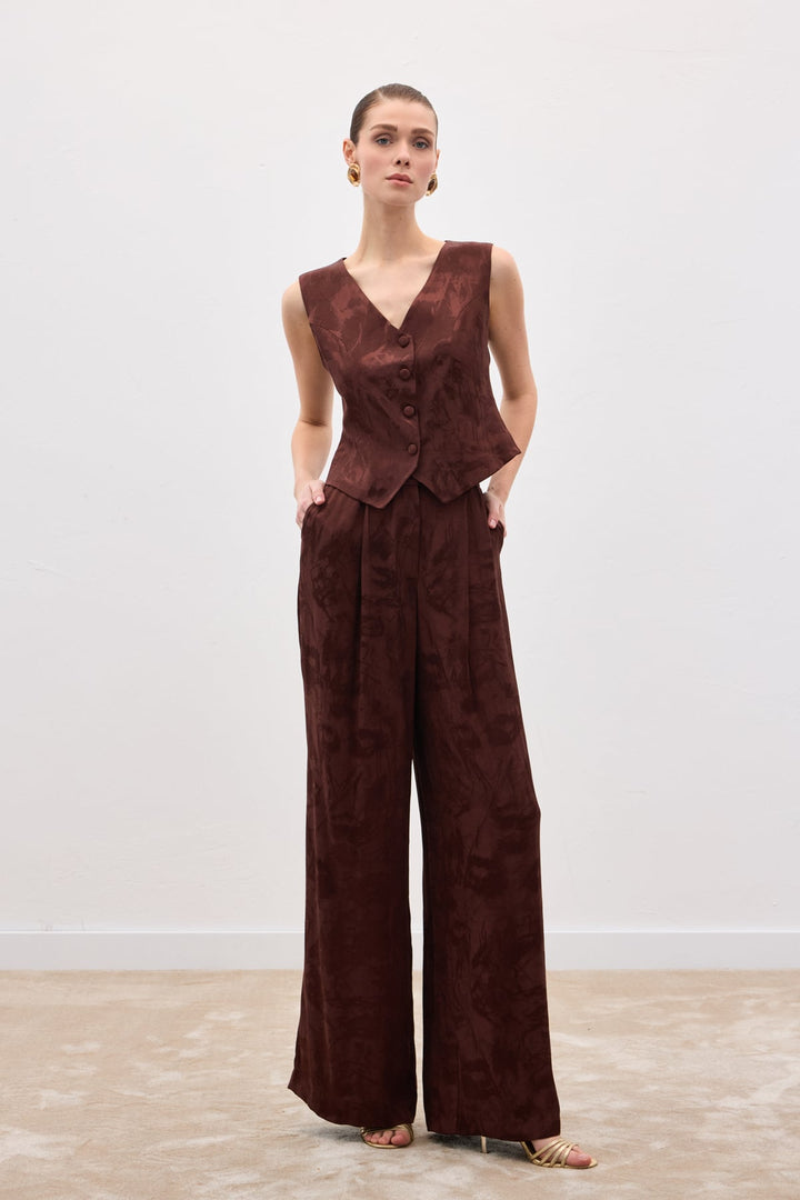Sateen Pantalon large jacquard - Marron