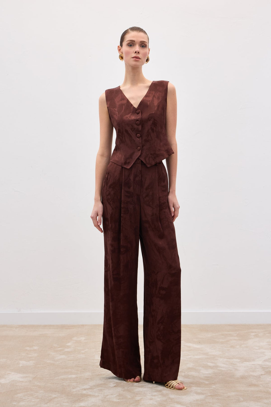 Sateen Pantalon large jacquard - Marron