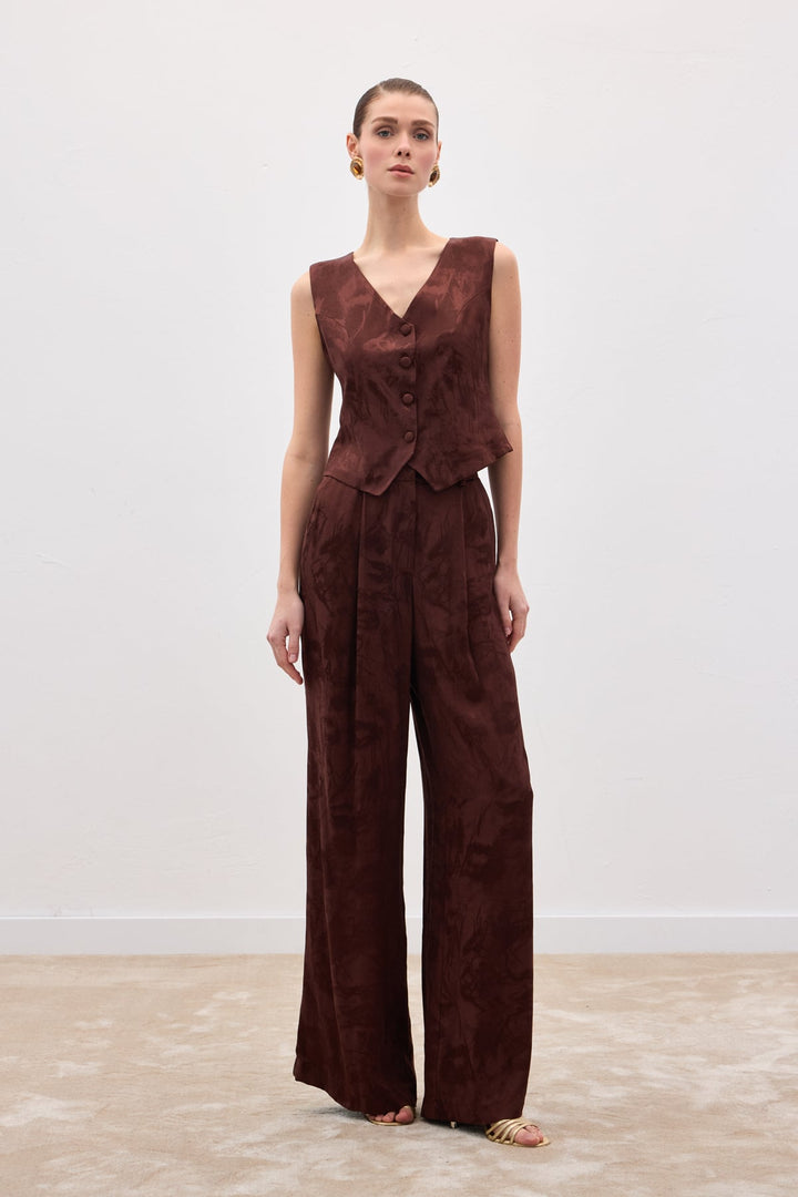Sateen Pantalon large jacquard - Marron