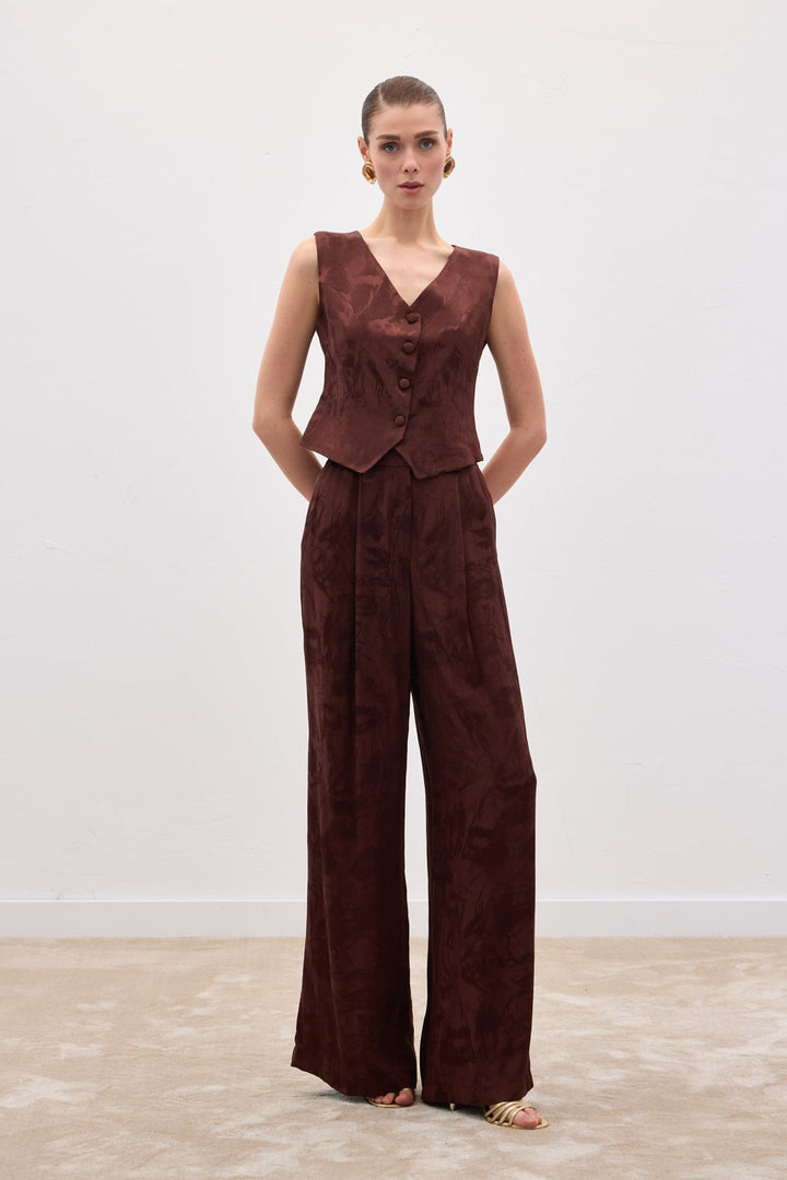 Sateen Pantalon large jacquard - Marron