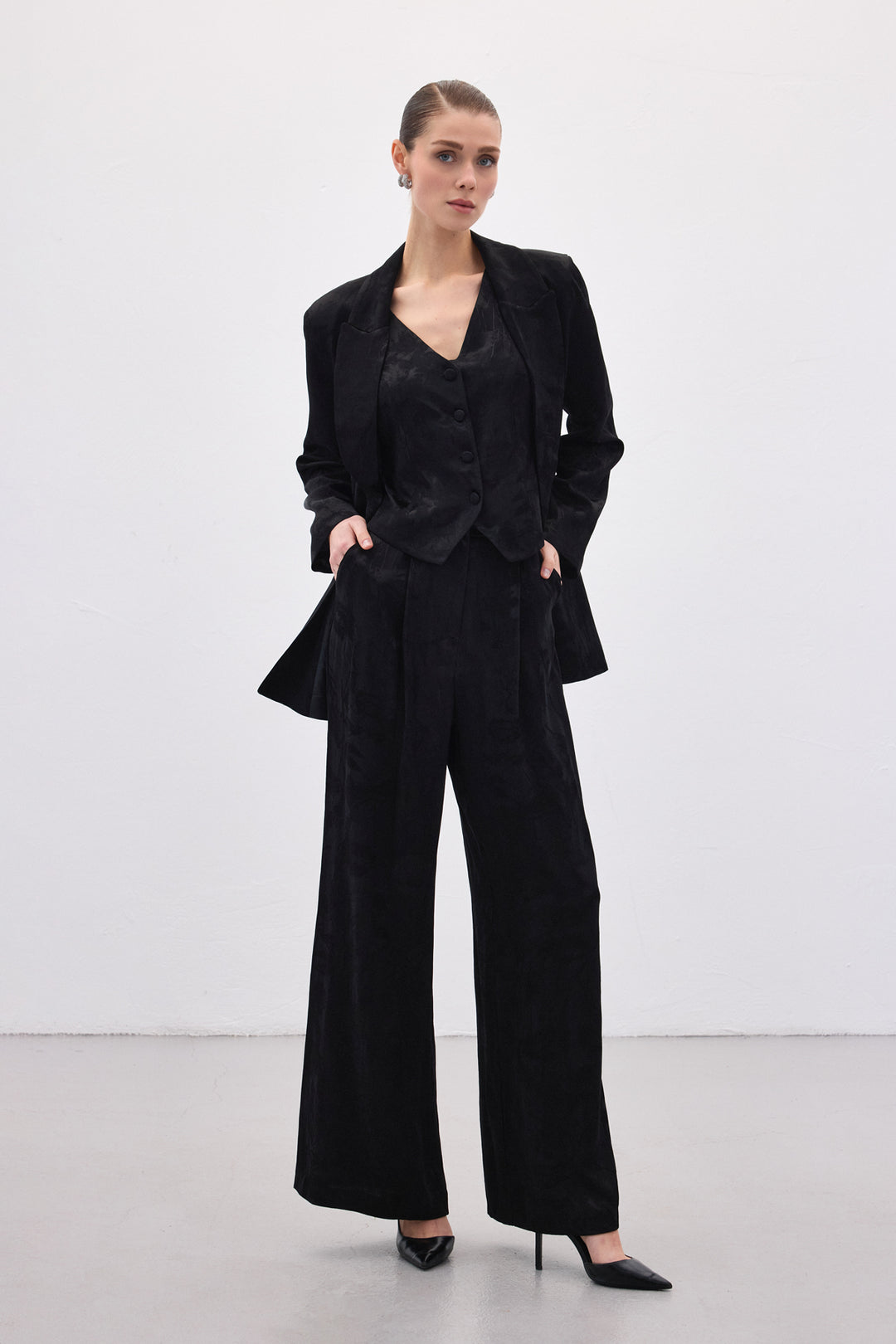 Sateen Pantalon large jacquard - Noir