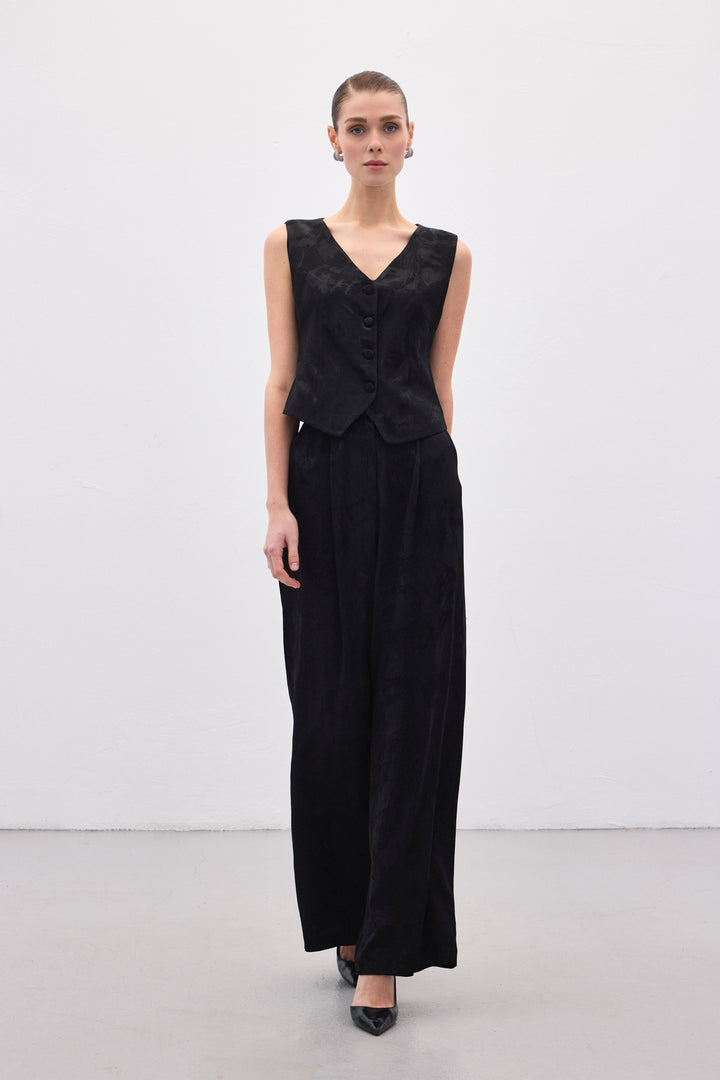 Sateen Pantalon large jacquard - Noir