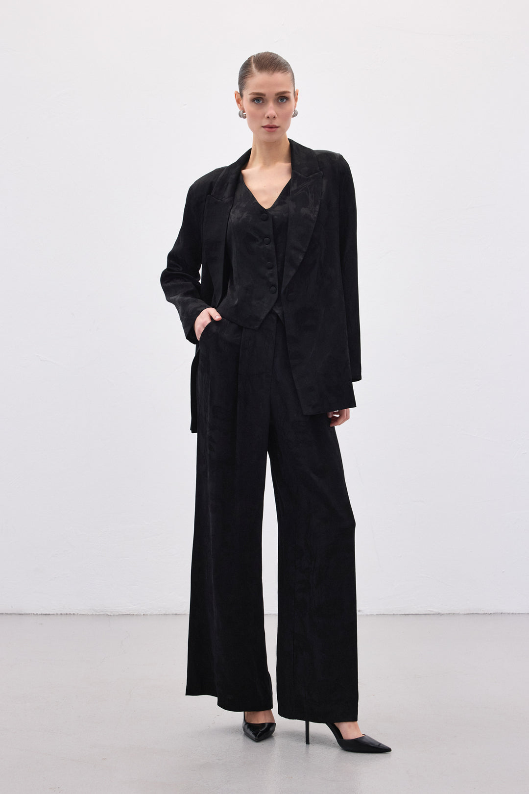 Sateen Pantalon large jacquard - Noir