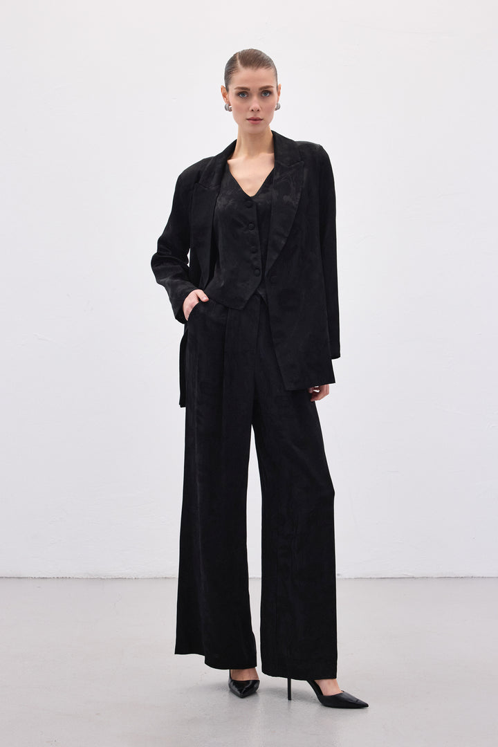 Sateen Pantalon large jacquard - Noir