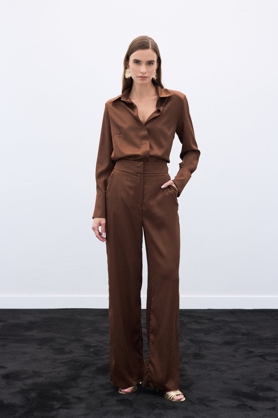 Sateen Pantalon Jacquard - Marron
