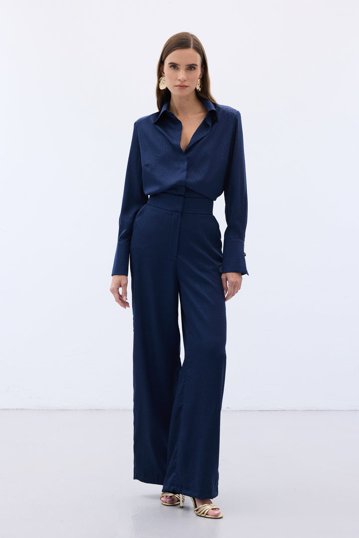 Sateen Pantalon Jacquard - Bleu marine