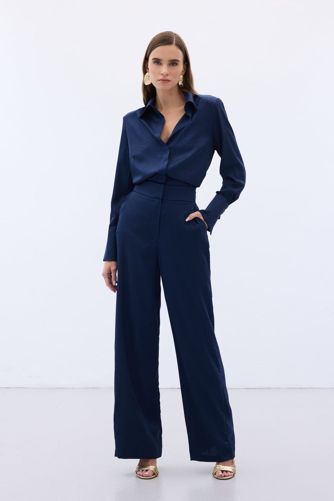 Sateen Pantalon Jacquard - Bleu marine