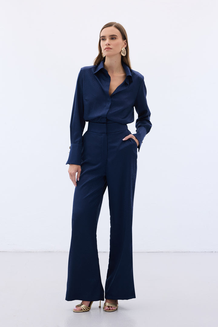 Sateen Pantalon Jacquard - Bleu marine