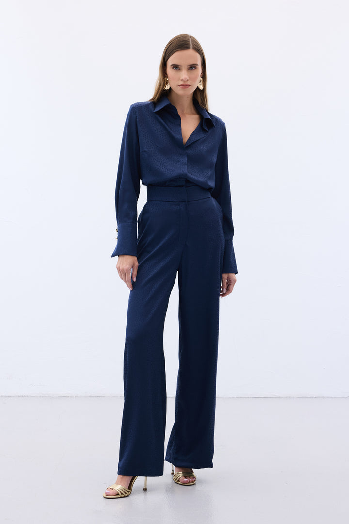 Sateen Pantalon Jacquard - Bleu marine