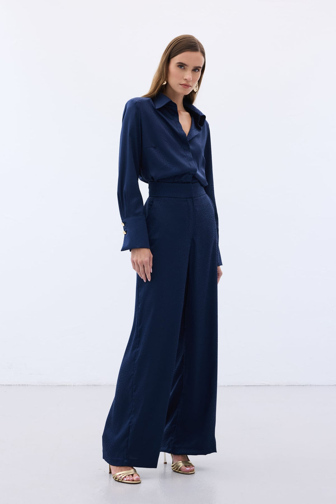 Sateen Pantalon Jacquard - Bleu marine