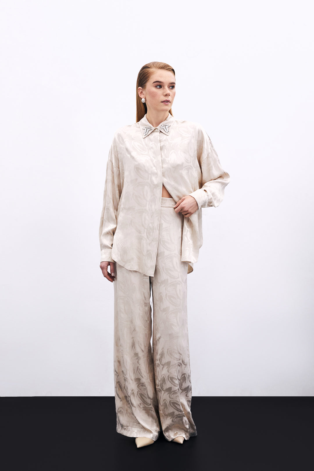 Sateen Pantalon ample jacquard - Beige