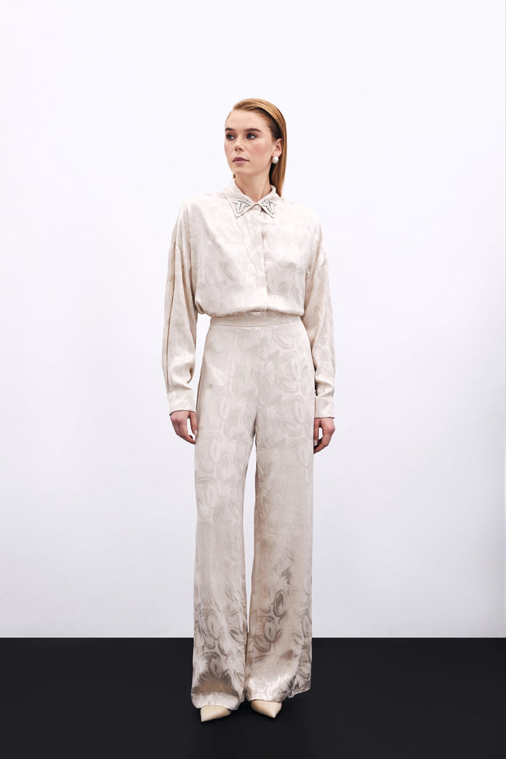 Sateen Pantalon ample jacquard - Beige