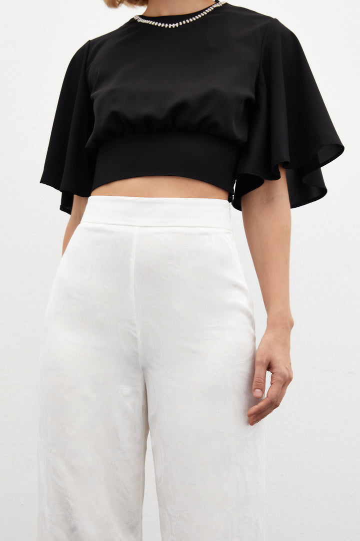 Sateen Pantalon ample jacquard - Écru