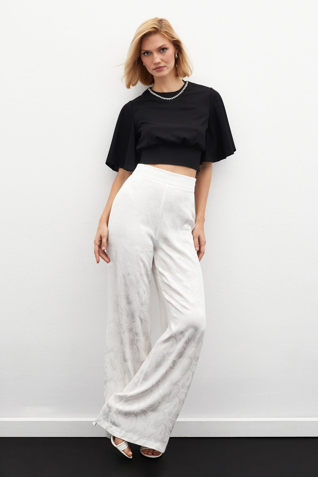 Sateen Pantalon ample jacquard - Écru