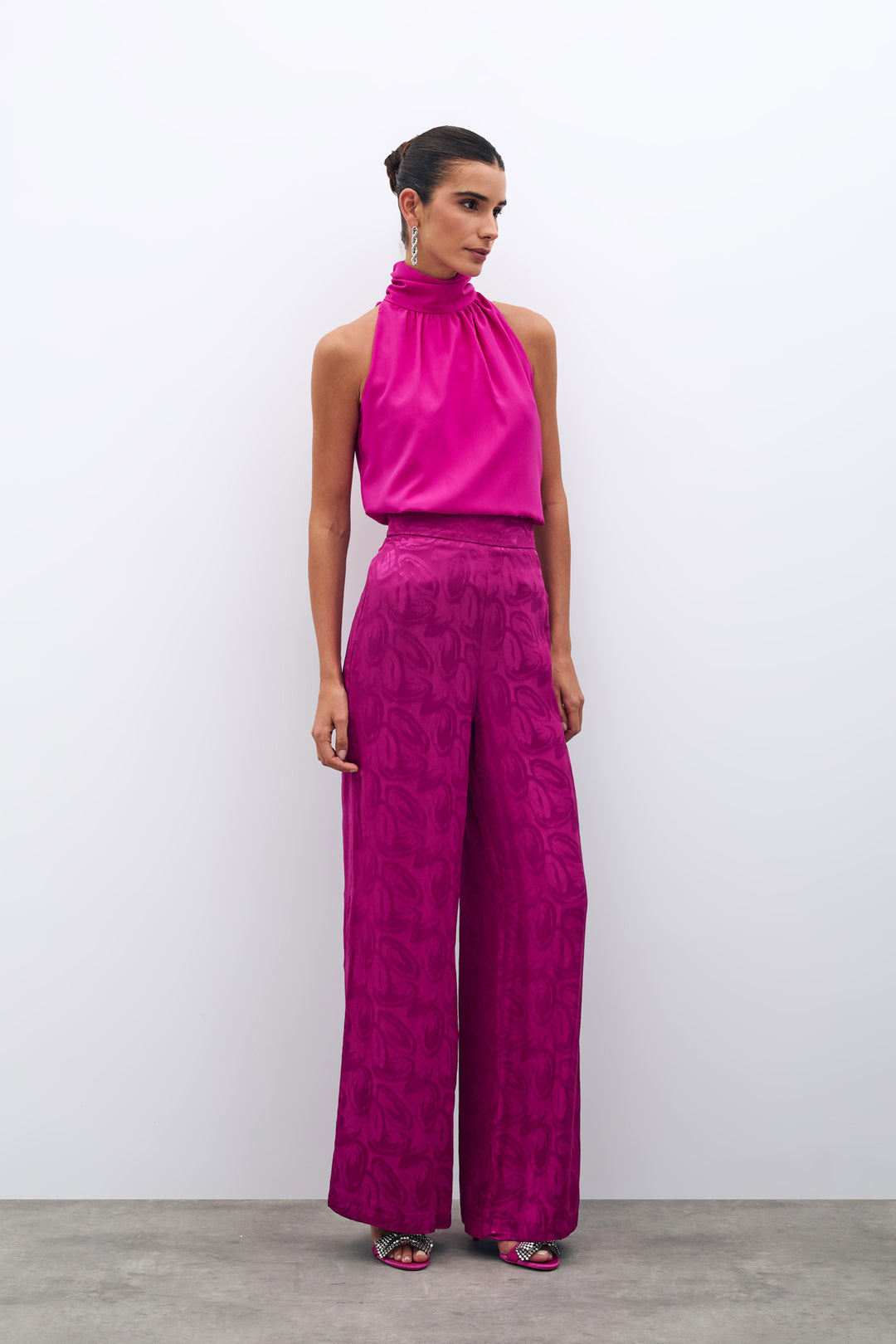 Sateen Pantalon ample jacquard - Fuchsia