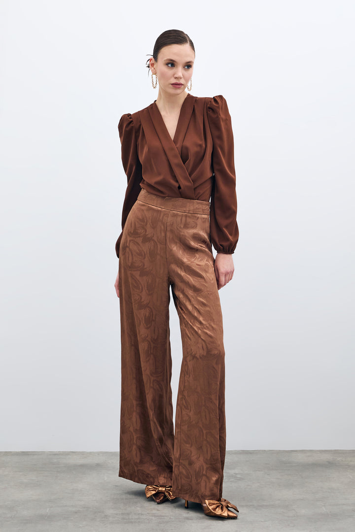 Sateen Pantalon ample jacquard - Marron