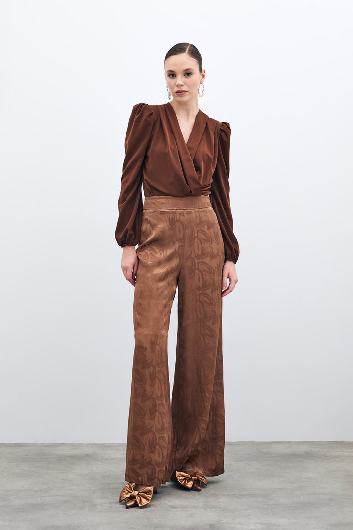 Sateen Pantalon ample jacquard - Marron