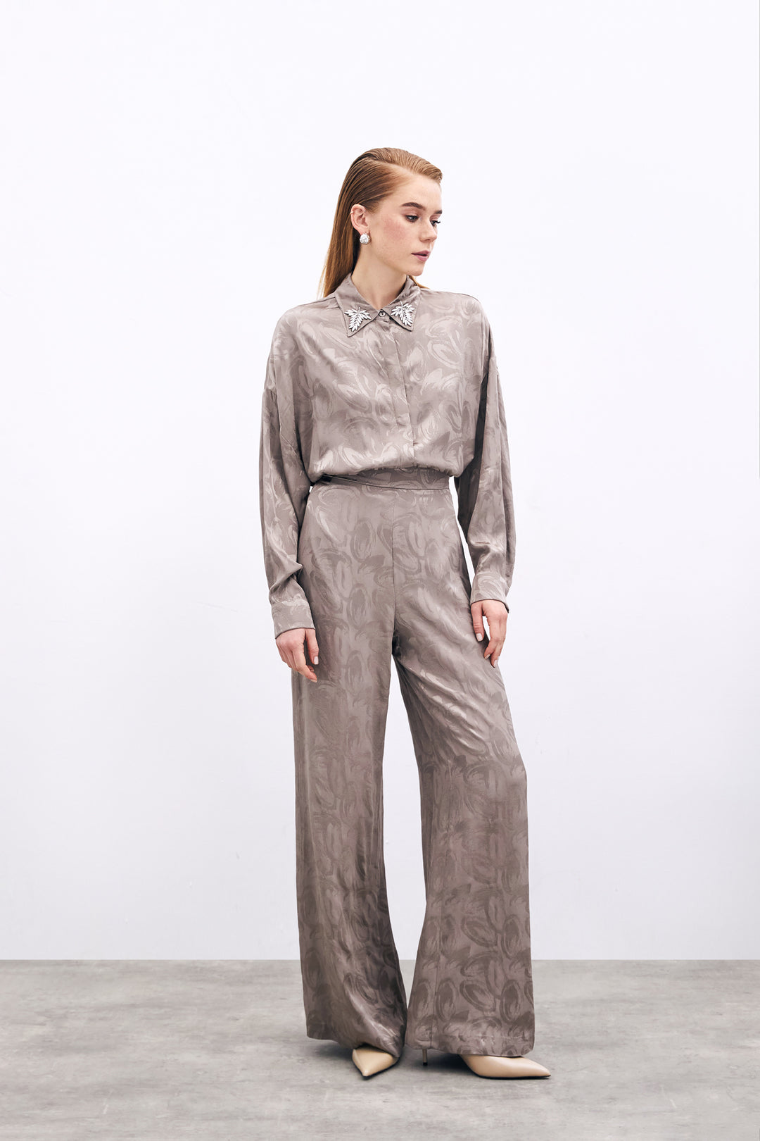 Sateen Pantalon ample jacquard - Vison