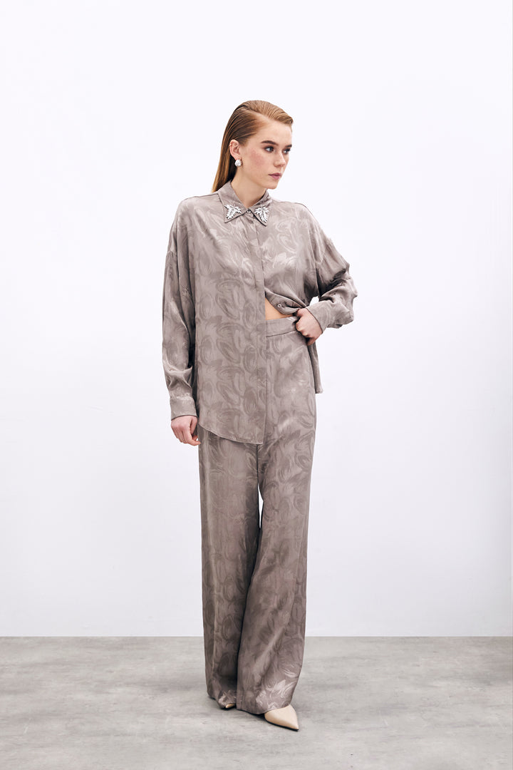 Sateen Pantalon ample jacquard - Vison