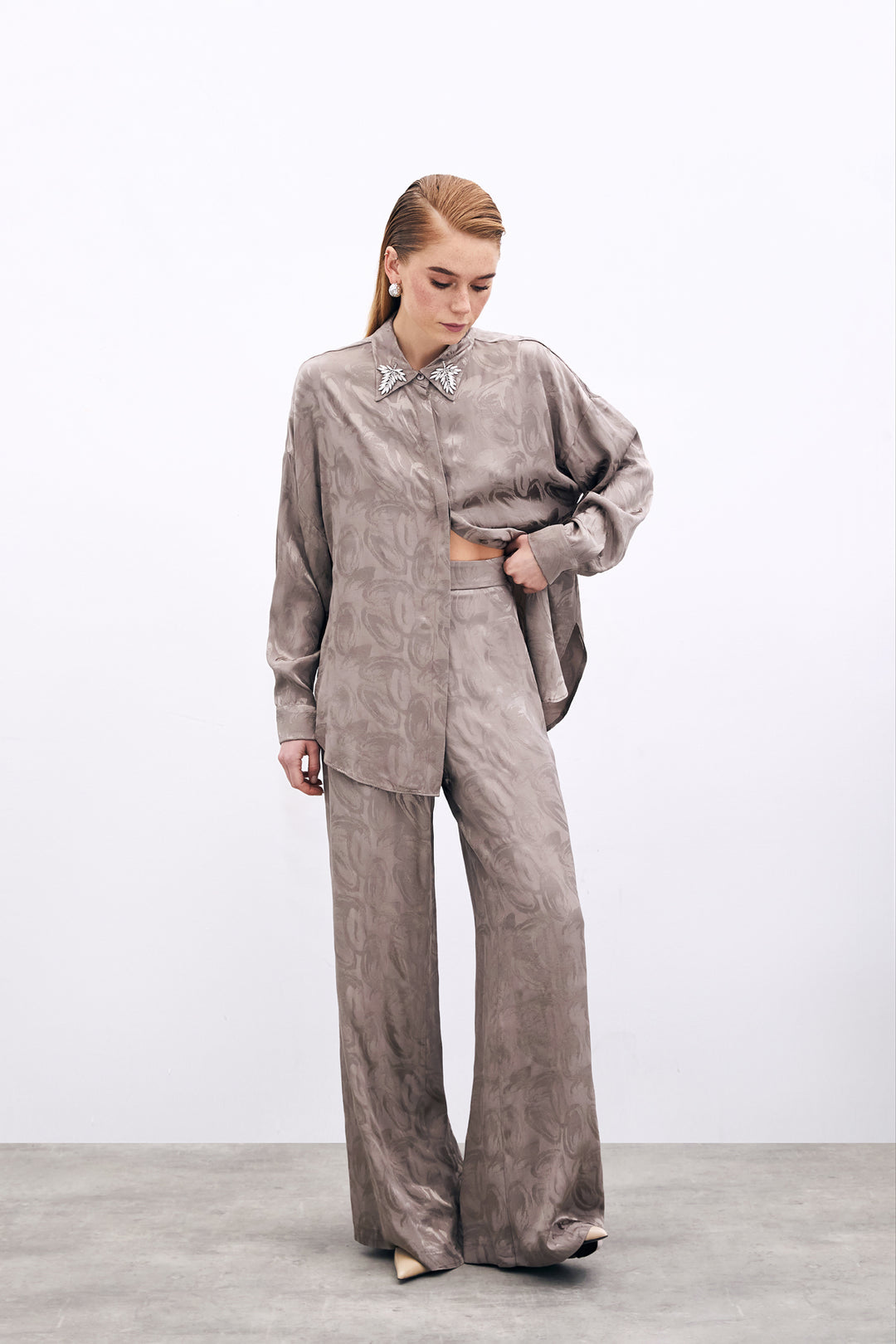Sateen Pantalon ample jacquard - Vison