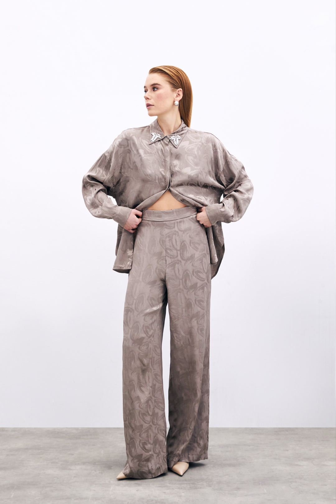 Sateen Pantalon ample jacquard - Vison