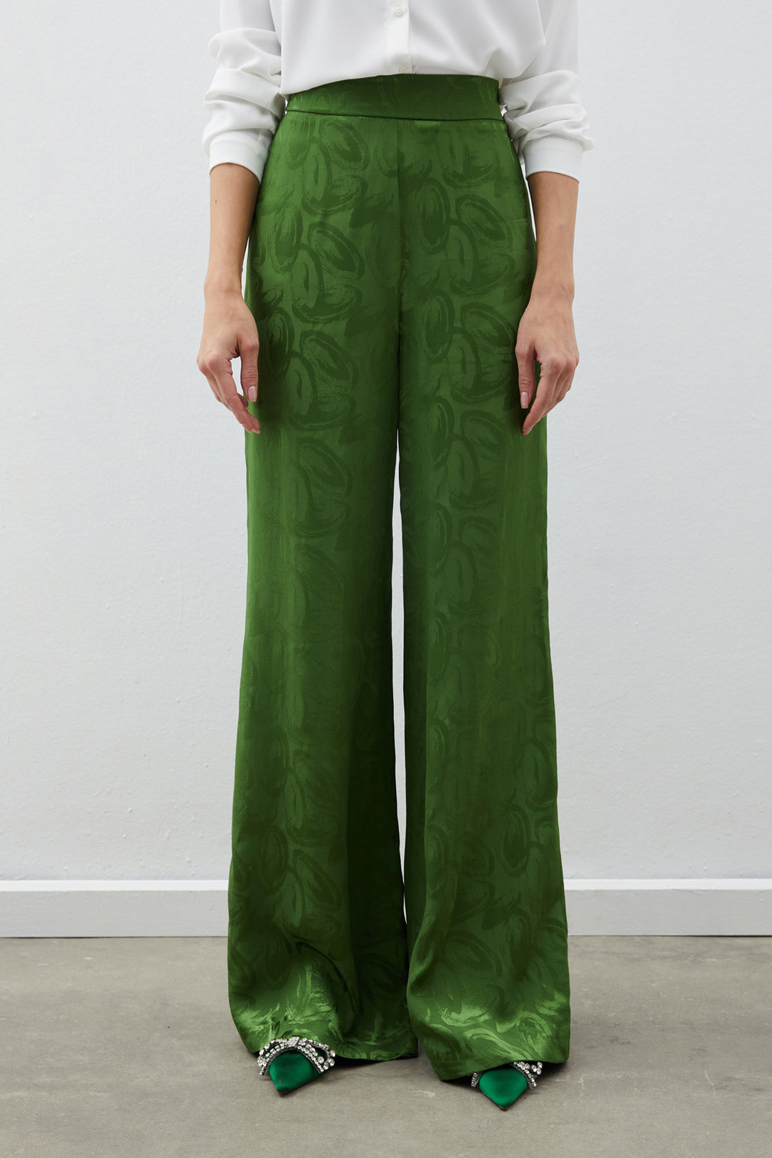 Sateen Pantalon ample jacquard - Vert