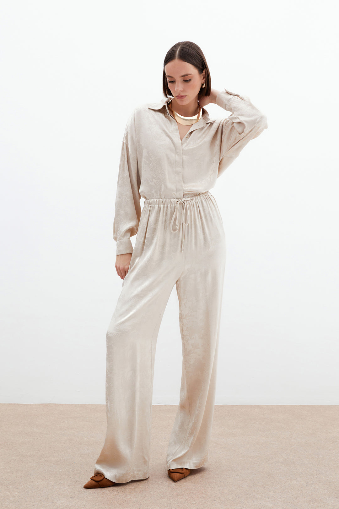 Sateen Pantalon en satin jacquard - Beige