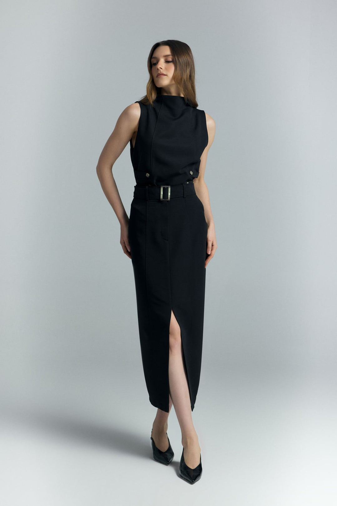 Sateen Jupe Jessi à Fente - Noir