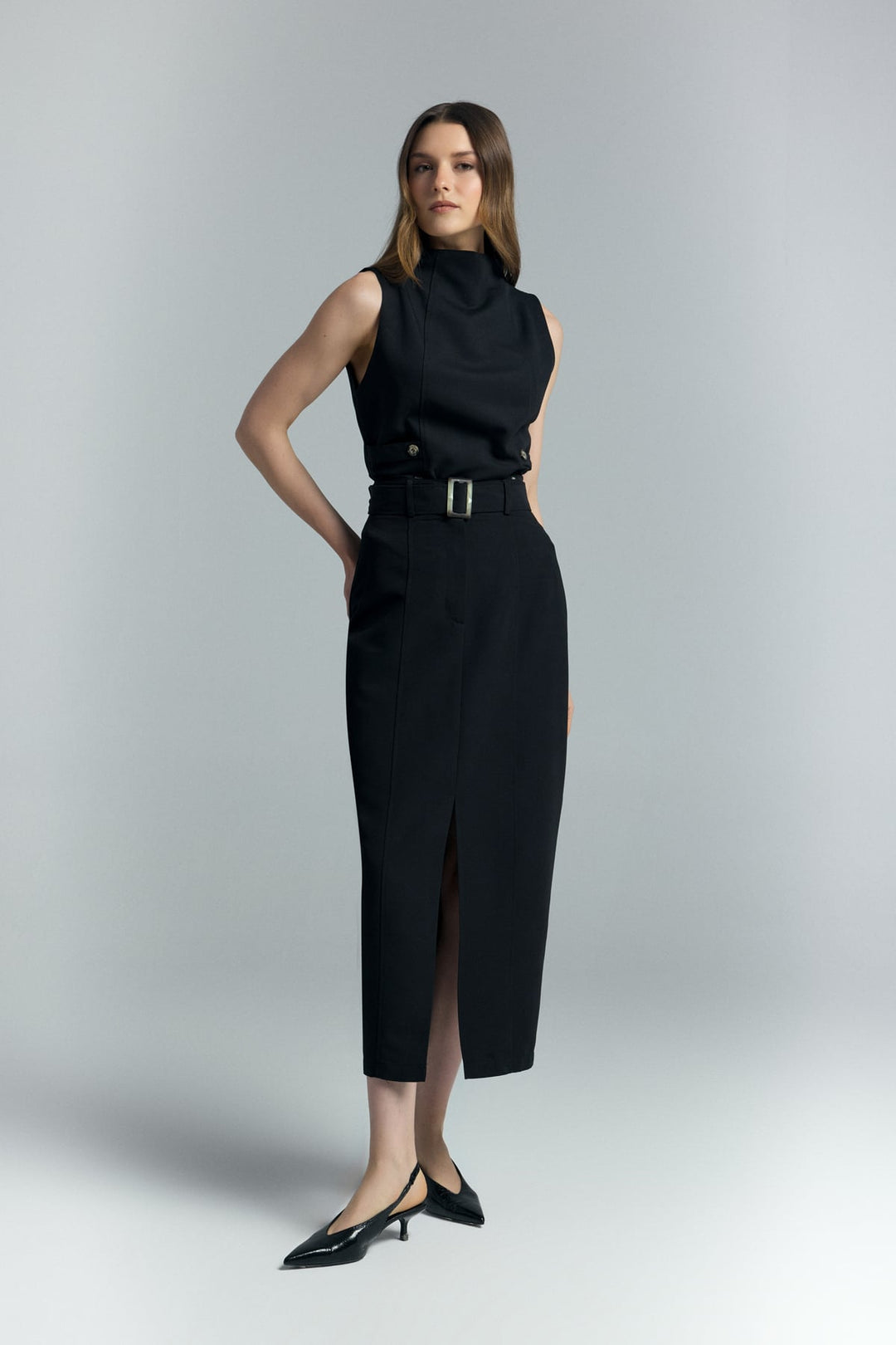 Sateen Jupe Jessi à Fente - Noir
