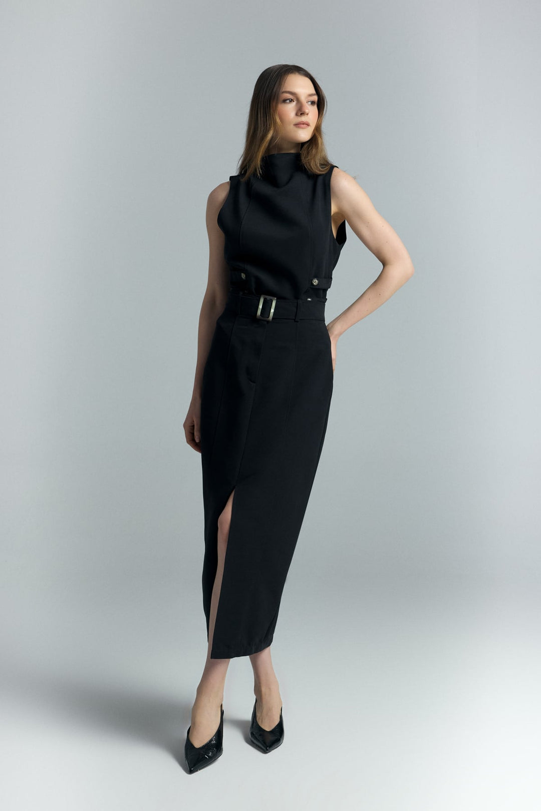 Sateen Jupe Jessi à Fente - Noir