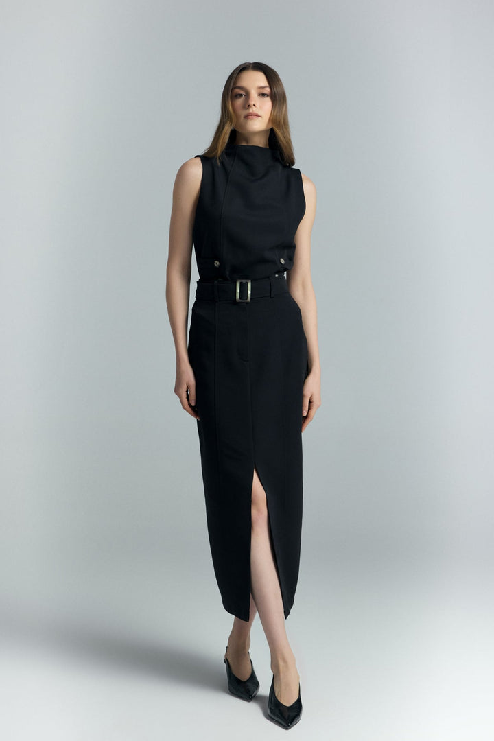 Sateen Jupe Jessi à Fente - Noir