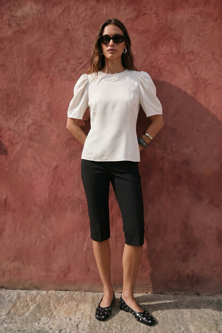Sateen Blouse à Manches Bouffantes - Écru