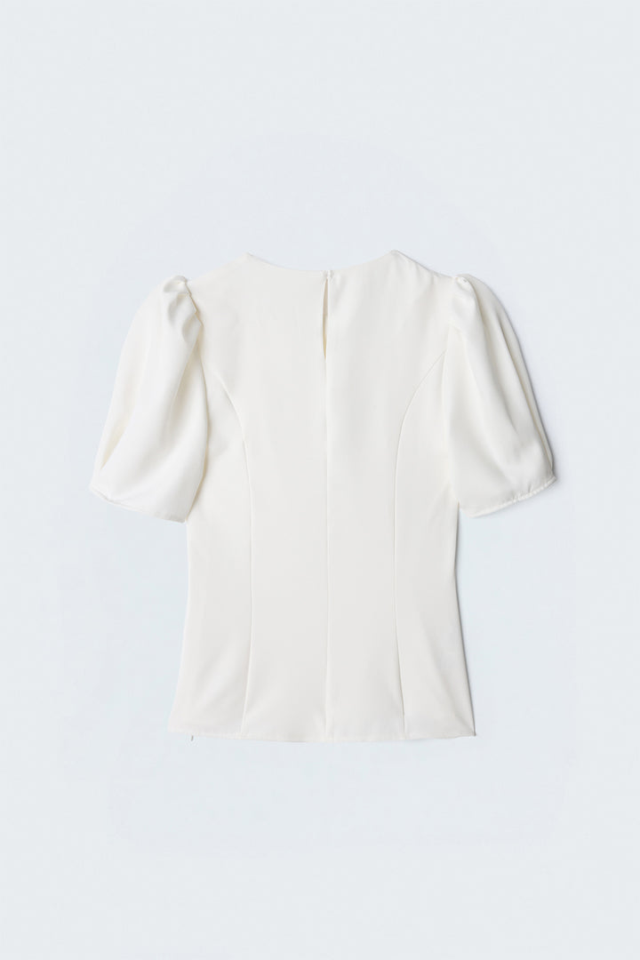 Sateen Blouse à Manches Bouffantes - Écru