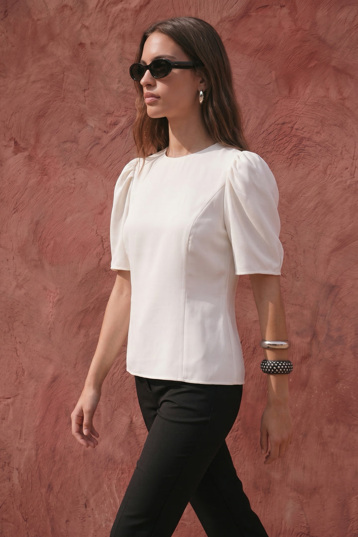 Sateen Blouse à Manches Bouffantes - Écru