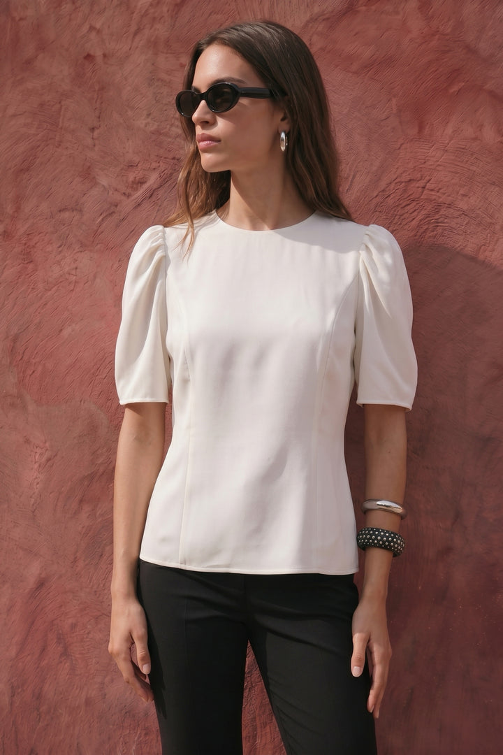 Sateen Blouse à Manches Bouffantes - Écru