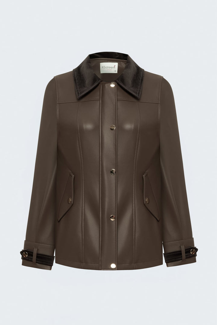 Sateen Veste en cuir avec détails en velours - Marron