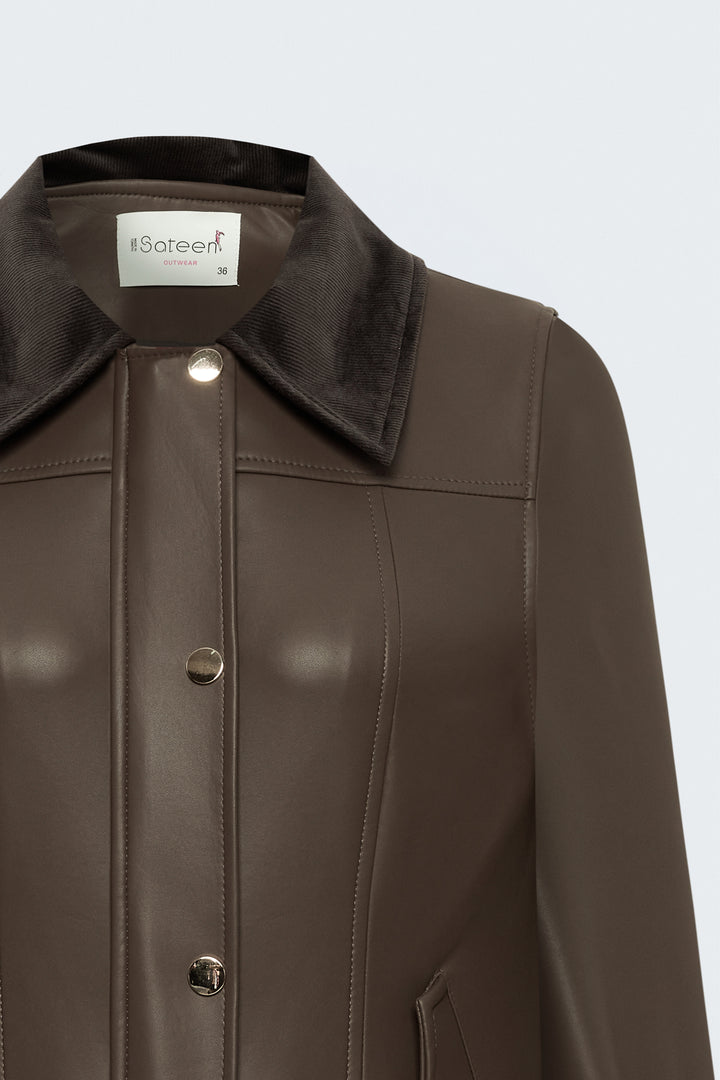 Sateen Veste en cuir avec détails en velours - Marron