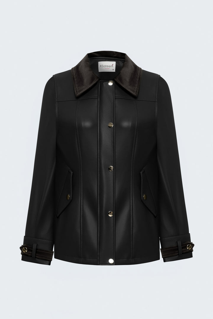 Sateen Veste en cuir avec détails en velours - Noir
