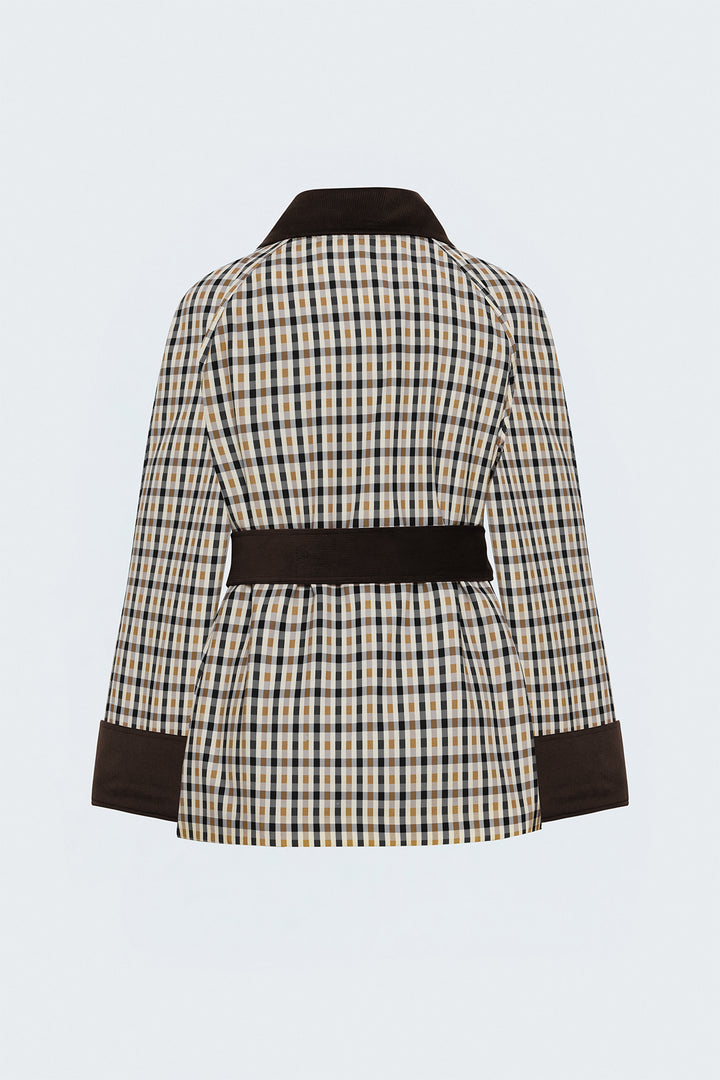 Sateen Veste à Carreaux avec Détails en Velours - Beige