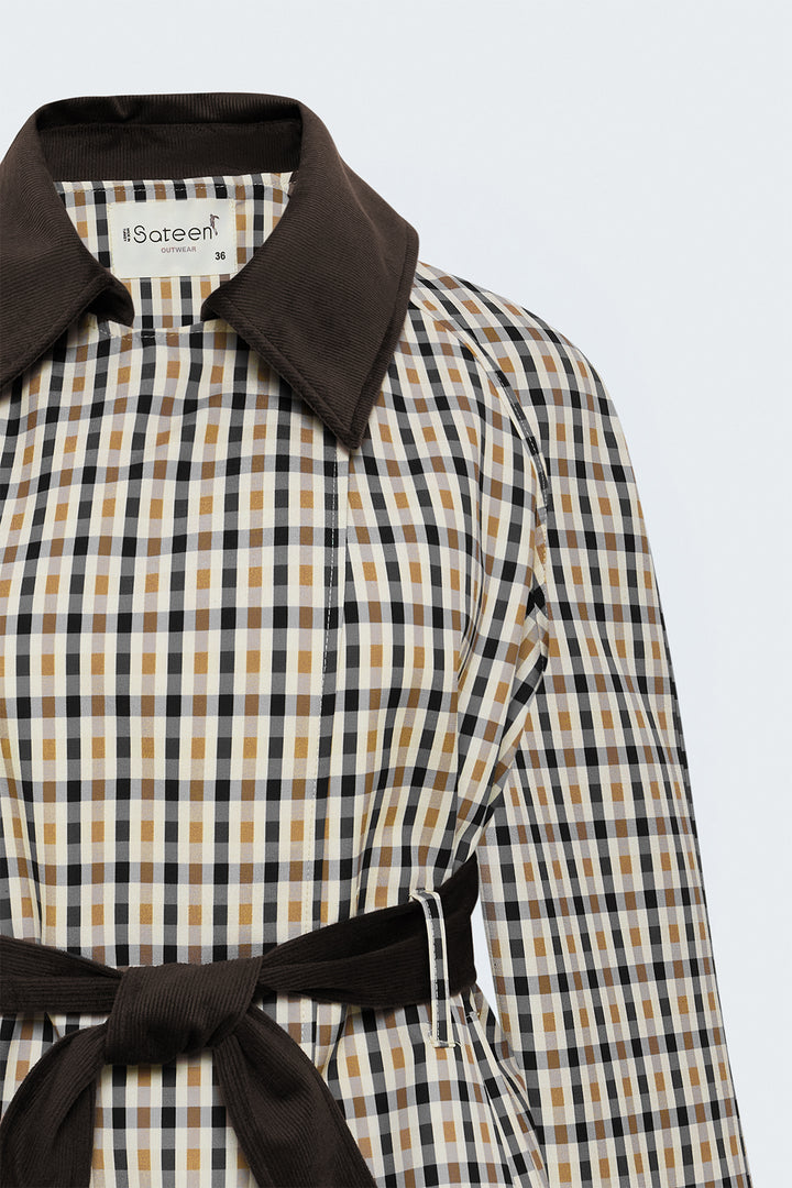 Sateen Veste à Carreaux avec Détails en Velours - Beige