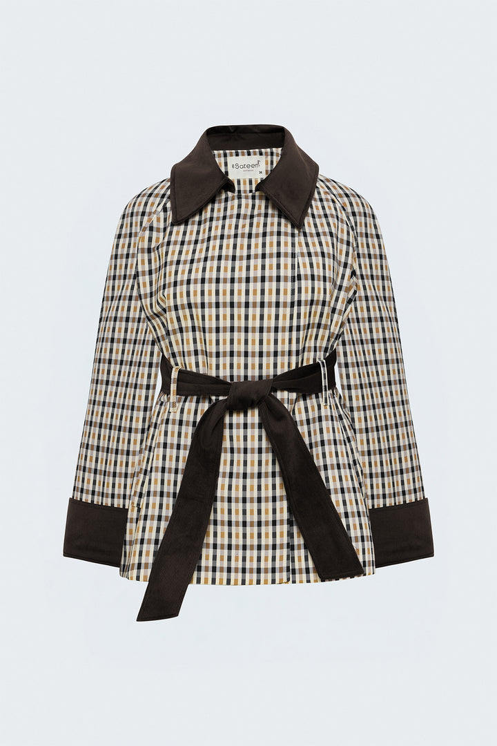 Sateen Veste à Carreaux avec Détails en Velours - Beige